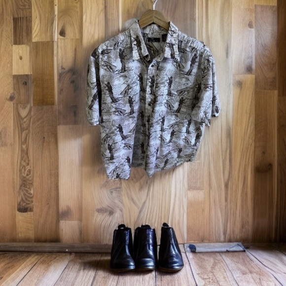 CAF'E LUNA FISH PRINT SHORT SLEEVE SHIRT BEIGE BROWN & WHITE XL(46/48)Men Cotton - Picture 3 of 16